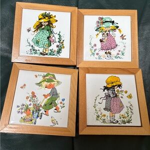 Vintage Holly Hobbie Ceramic Tile Wall Art Set of four
